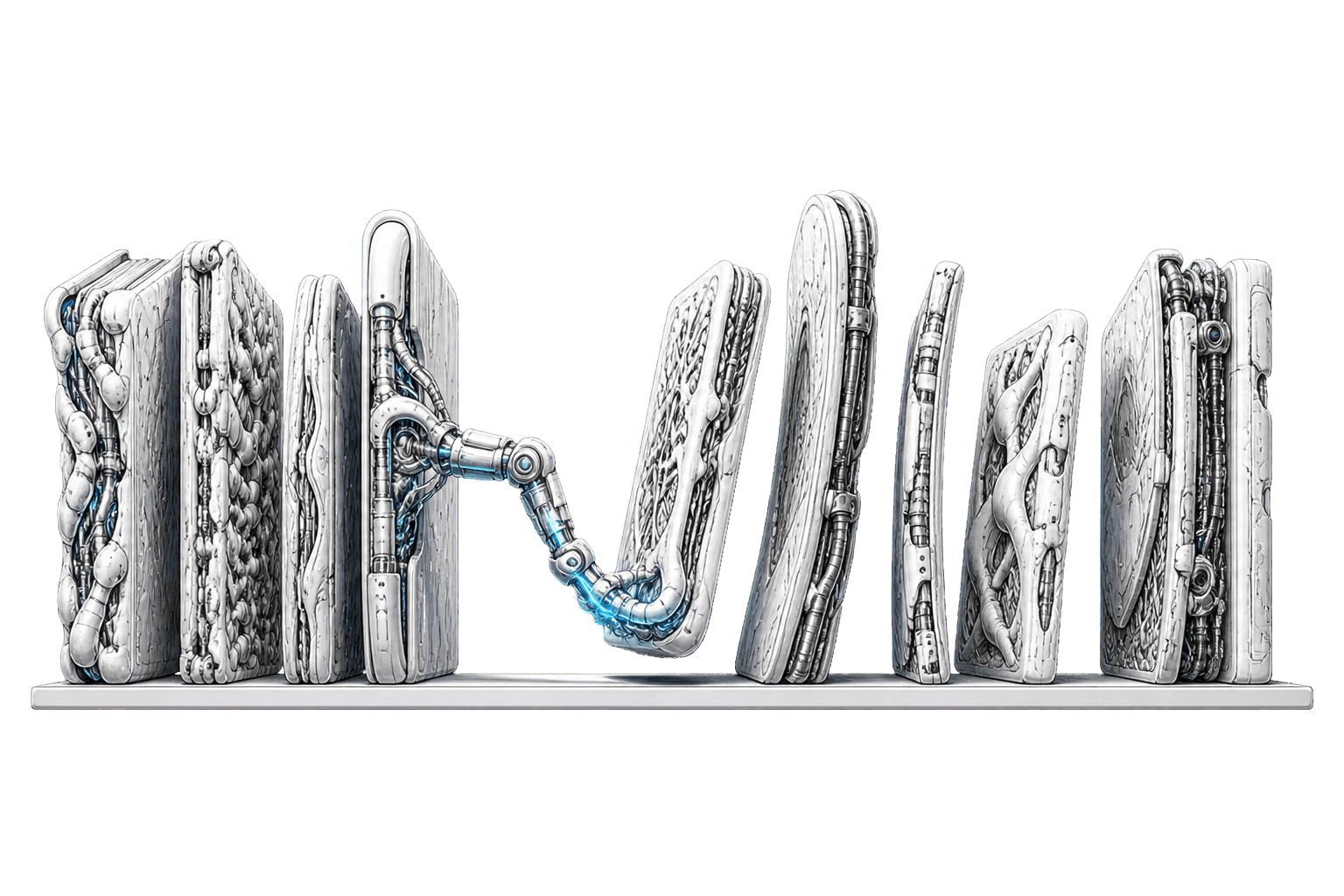 A shelf of anatomical volumes where one book has extended a jointed mechanical arm and is drawing a neighbouring volume toward itself, the arm lit cyan at its joints.