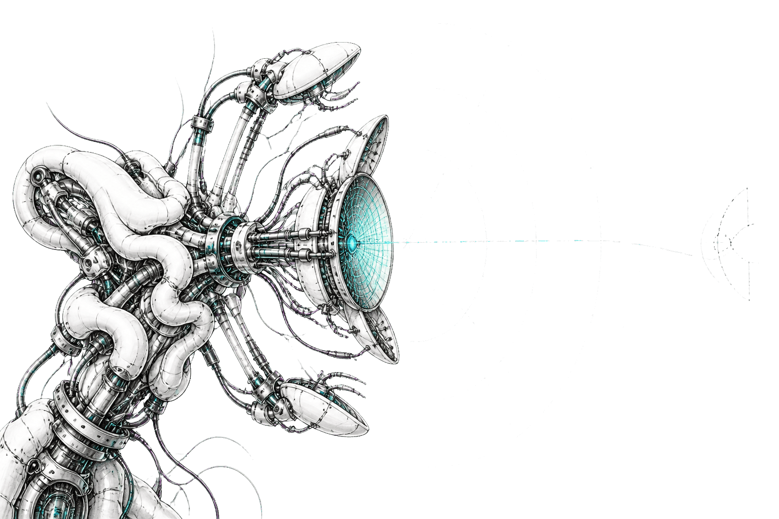 A cluster of dish antennae on a coiled anatomical mast, the largest dish lit cyan and throwing a thin beam far into the dark toward a faint distant outline.
