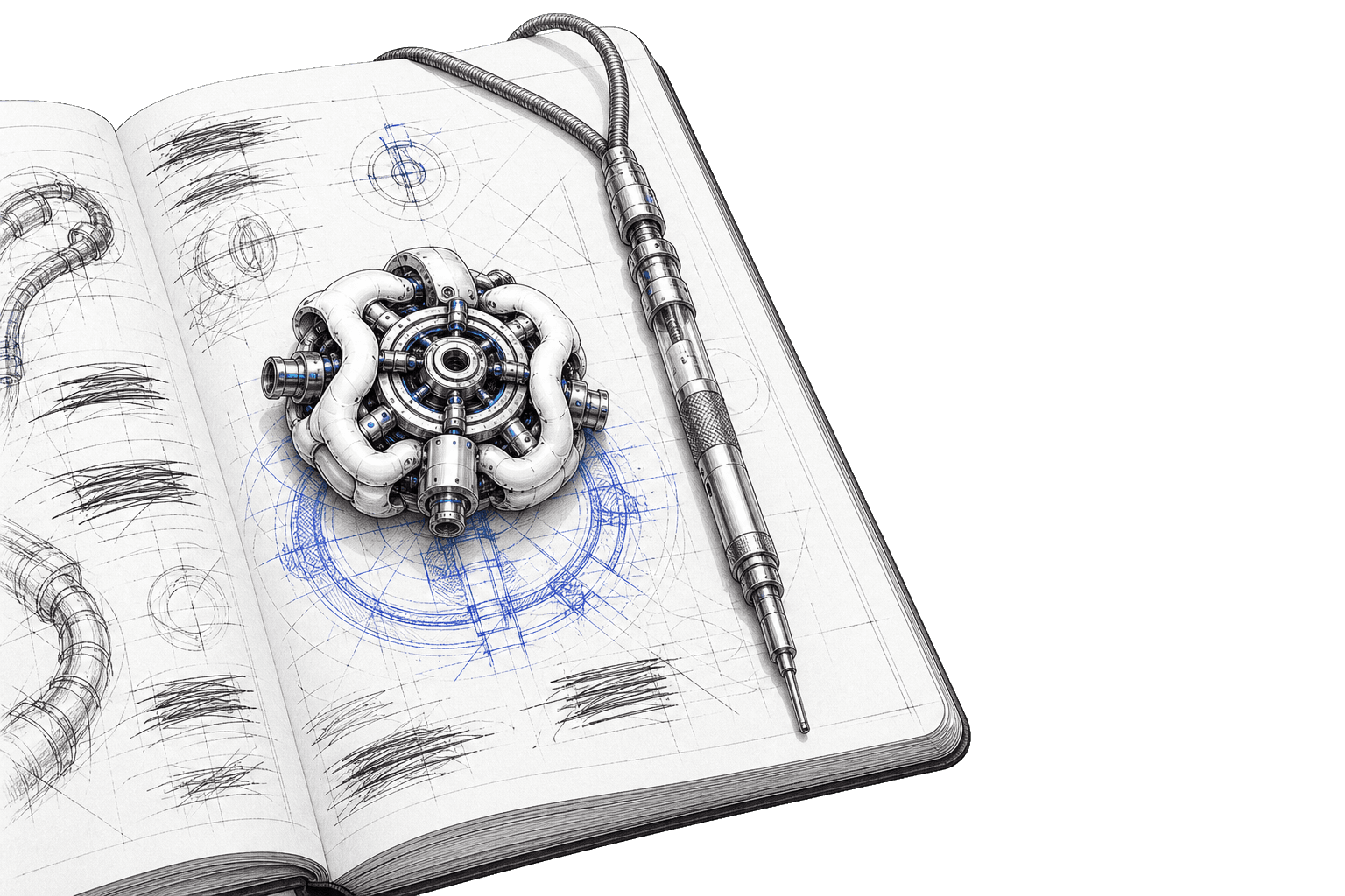 An open working notebook with a cutaway rotary assembly resting on the page above blue draft circles, a machinist's scribe beside it, and the margins dense with shading and struck-out sketches.