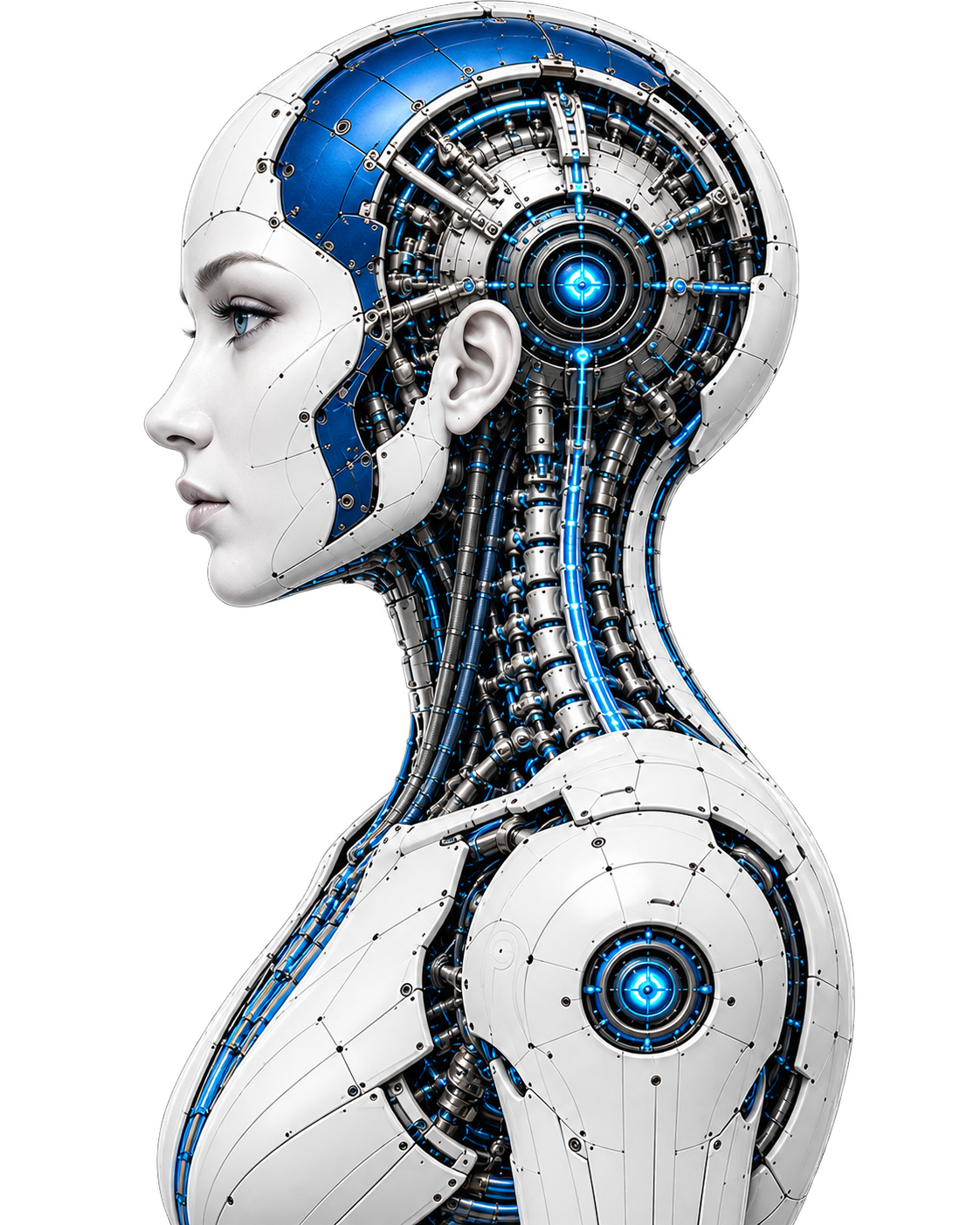 Principal-approved left-facing profile of Sam with cranial architecture, cervical systems, and engineered upper torso.